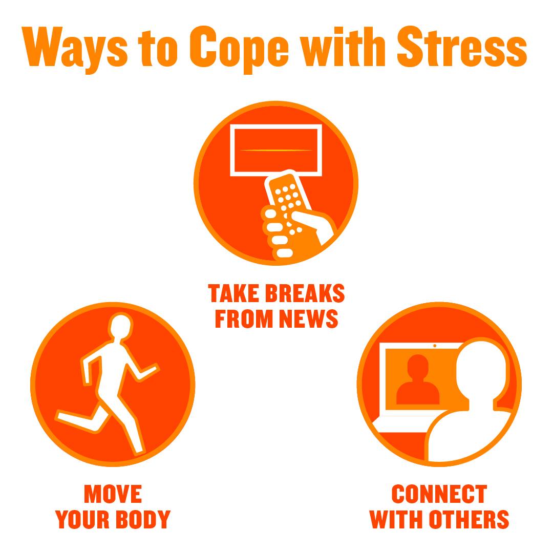 Graphic of text that states Ways to Cope with Stress and graphics below that show hand holding remote with text that states Take Breaks from News, person running with text that states Move Your Body, person on a virtual call with text that states Connect with Others.