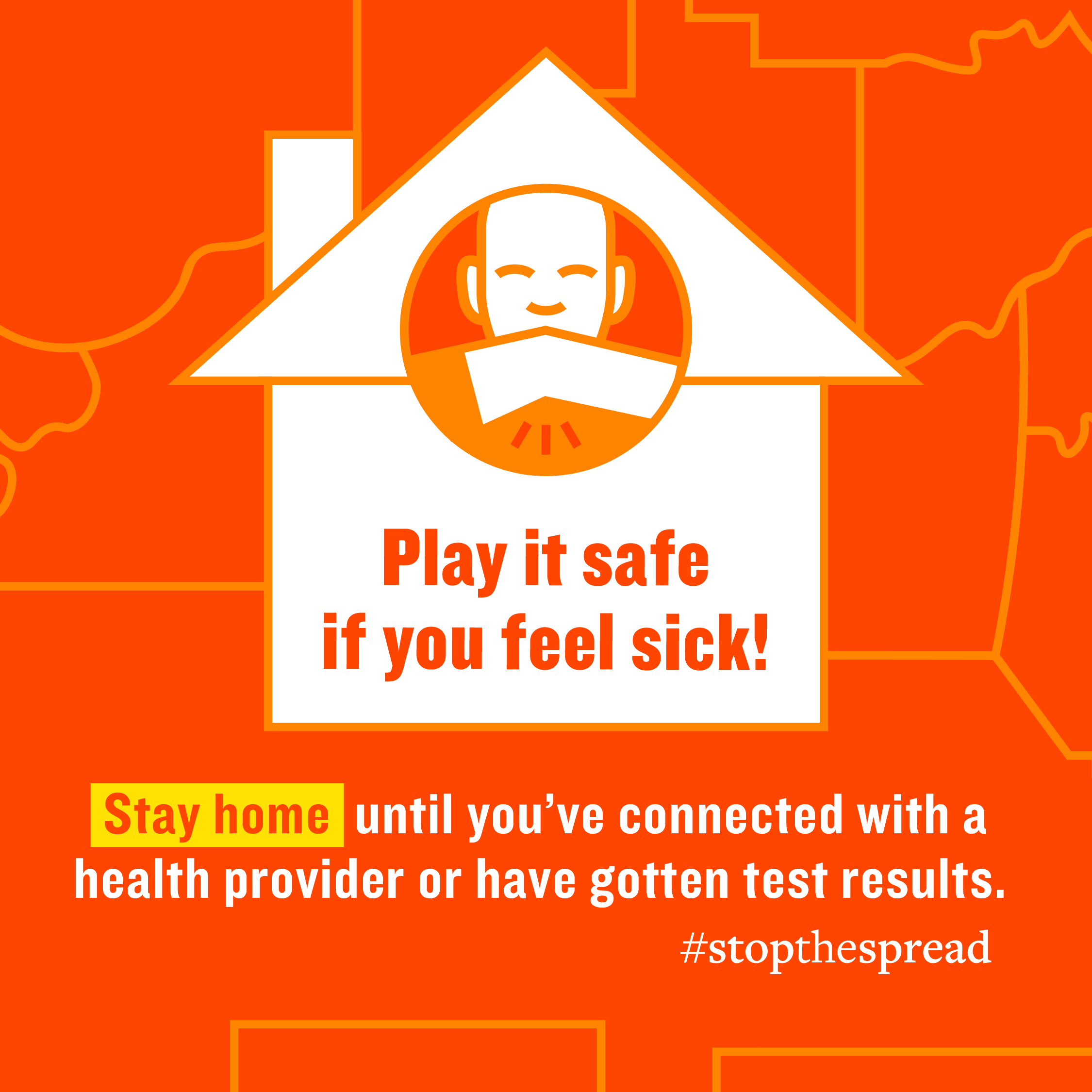 Play it safe if you feel sick graphic of Missouri counties with a person sneezing inside of their home.