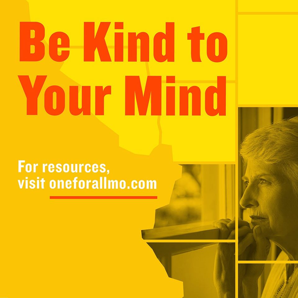 Be kind to your mind graphic of Missouri counties with images of woman looking out of window.
