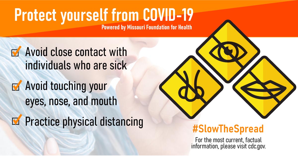 Protect yourself from COVID-19 graphic with checklist over woman coughing and nose, eye, and mouth icons.