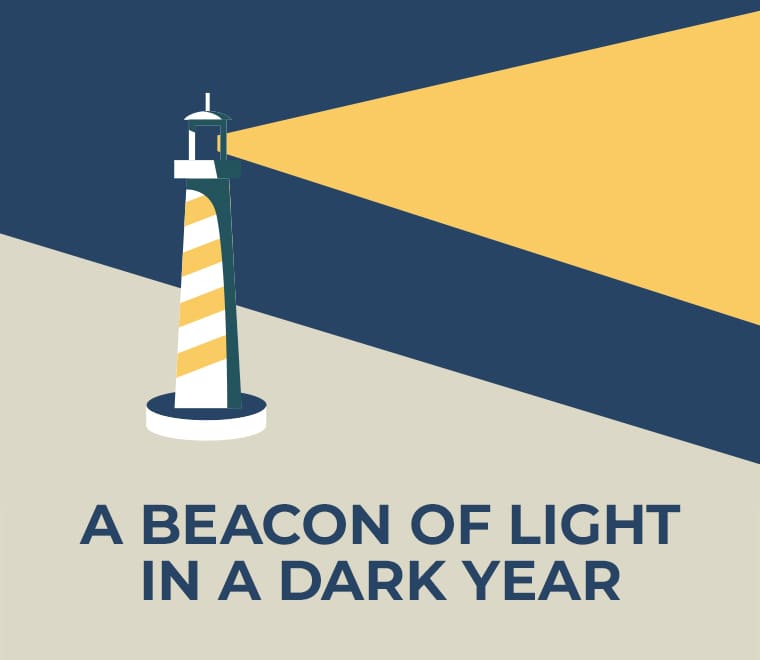 A beacon of light in a dark year illustration of lighthouse with a shining light.