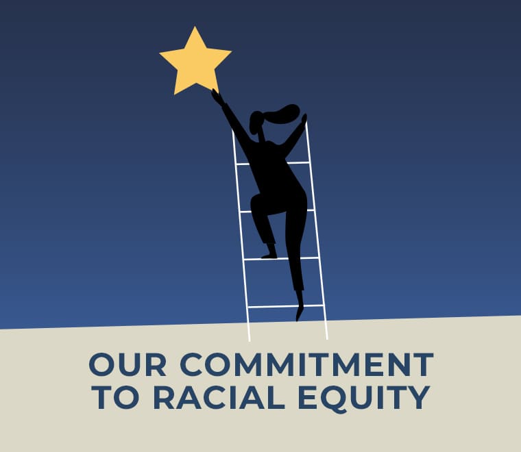 Our commitment to racial equity illustration of a woman's silouhette climbing a ladder and reaching for a large star.