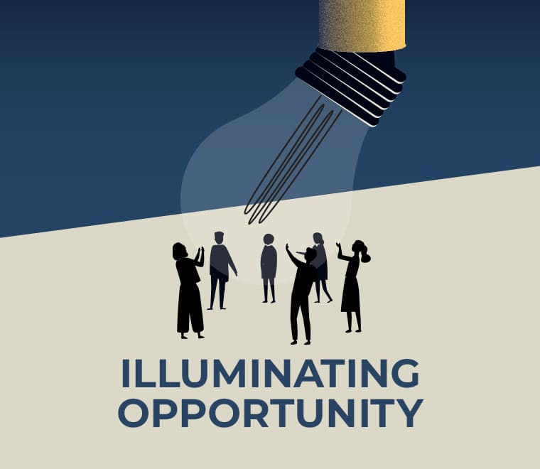 Illuminating opportunity illustration of a silouhette group of people holding a large lightbulb.
