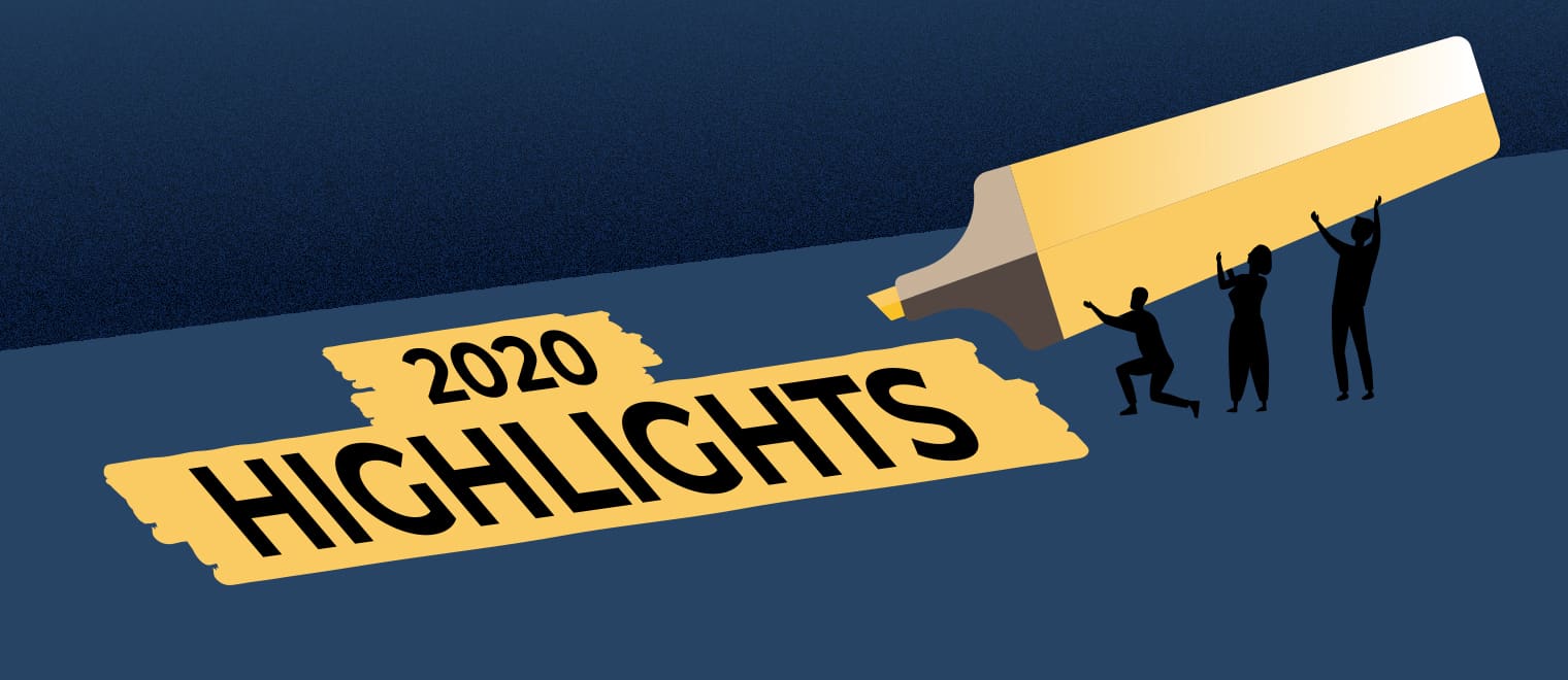 2020 highlights illustration with group of silouhette people holding a large highlighter.