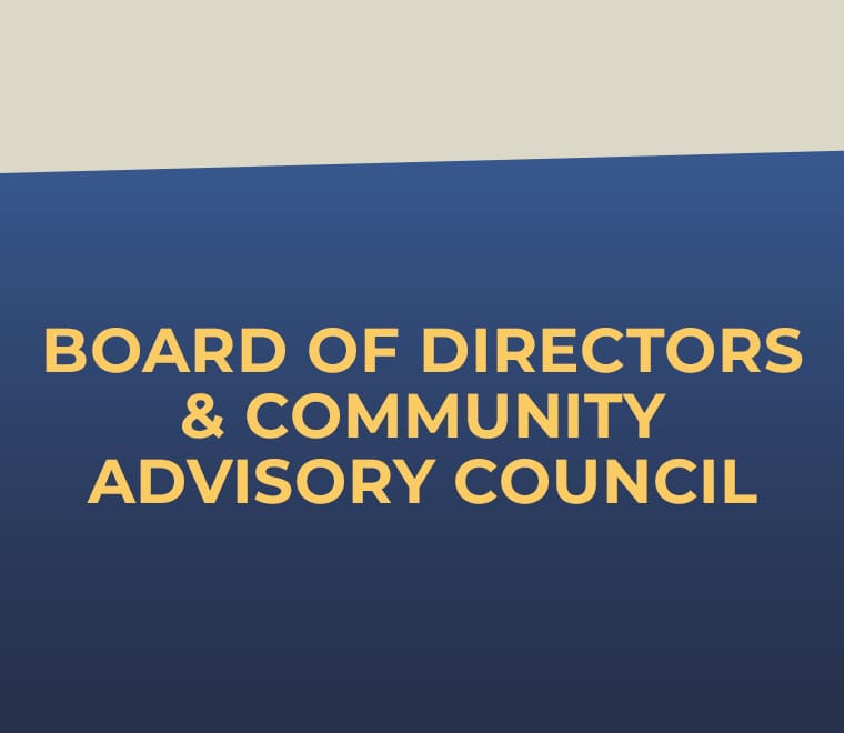 Board of directors and community advisory council on blue and tan background.