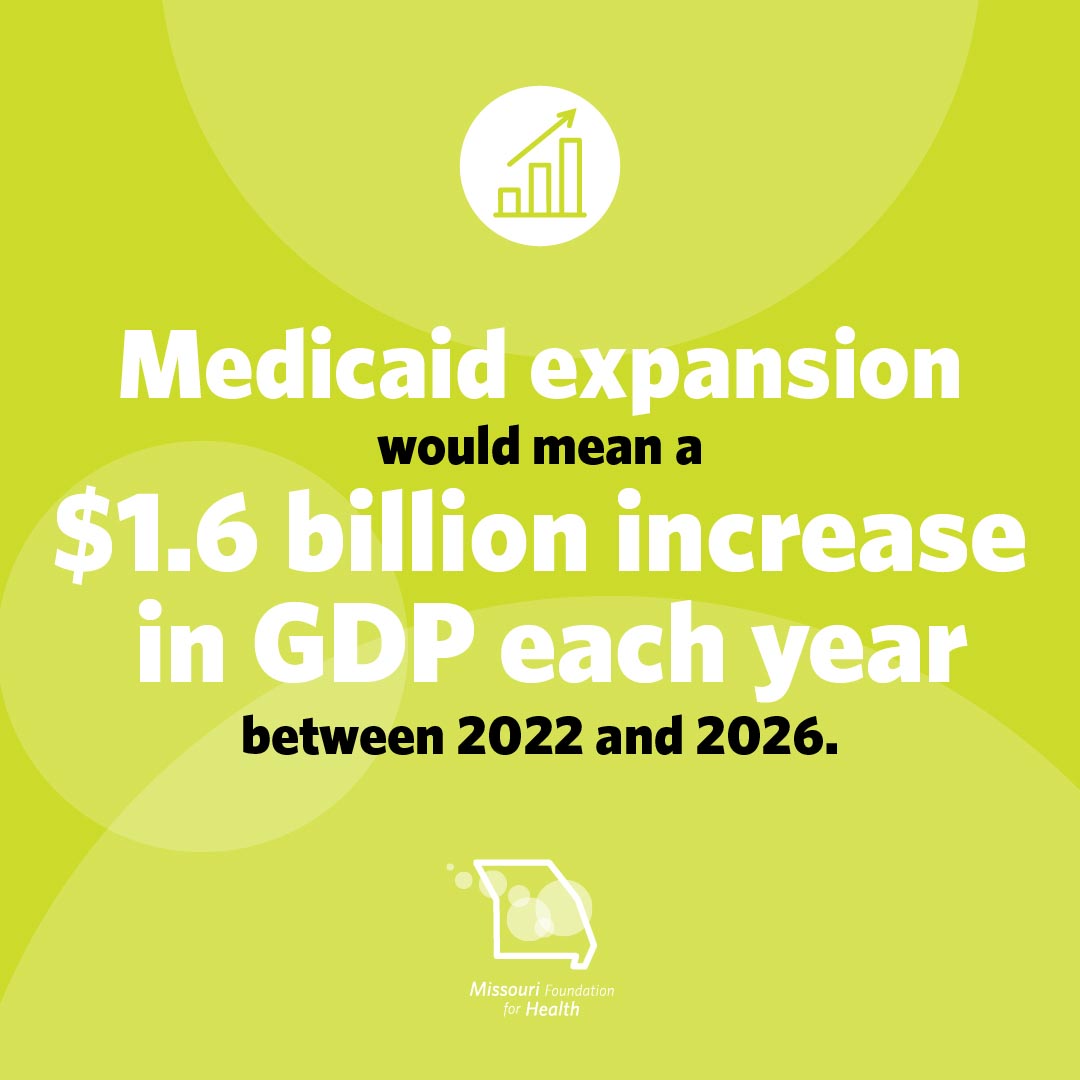 Graphic of a bar graph going up icon and text below that states Medicaid expansion would mean a $1.6 billion increase in GDP each year between 2022 and 2026. with the Missouri Foundation for Health logo.