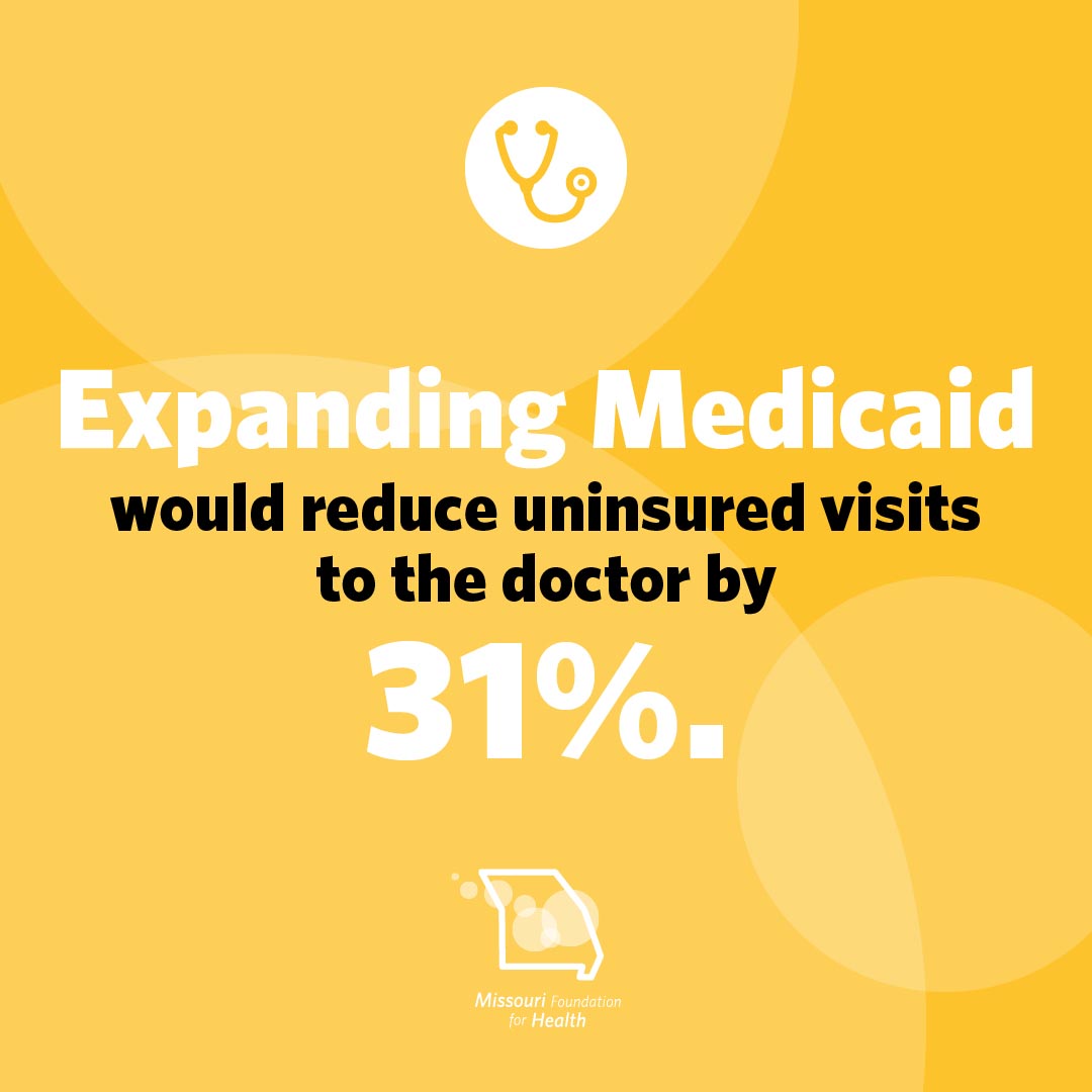 Graphic of a stethoscope icon and text below that states expanding Medicaid would reduce uninsured visits to the doctor by 31%. with the Missouri Foundation for Health logo.