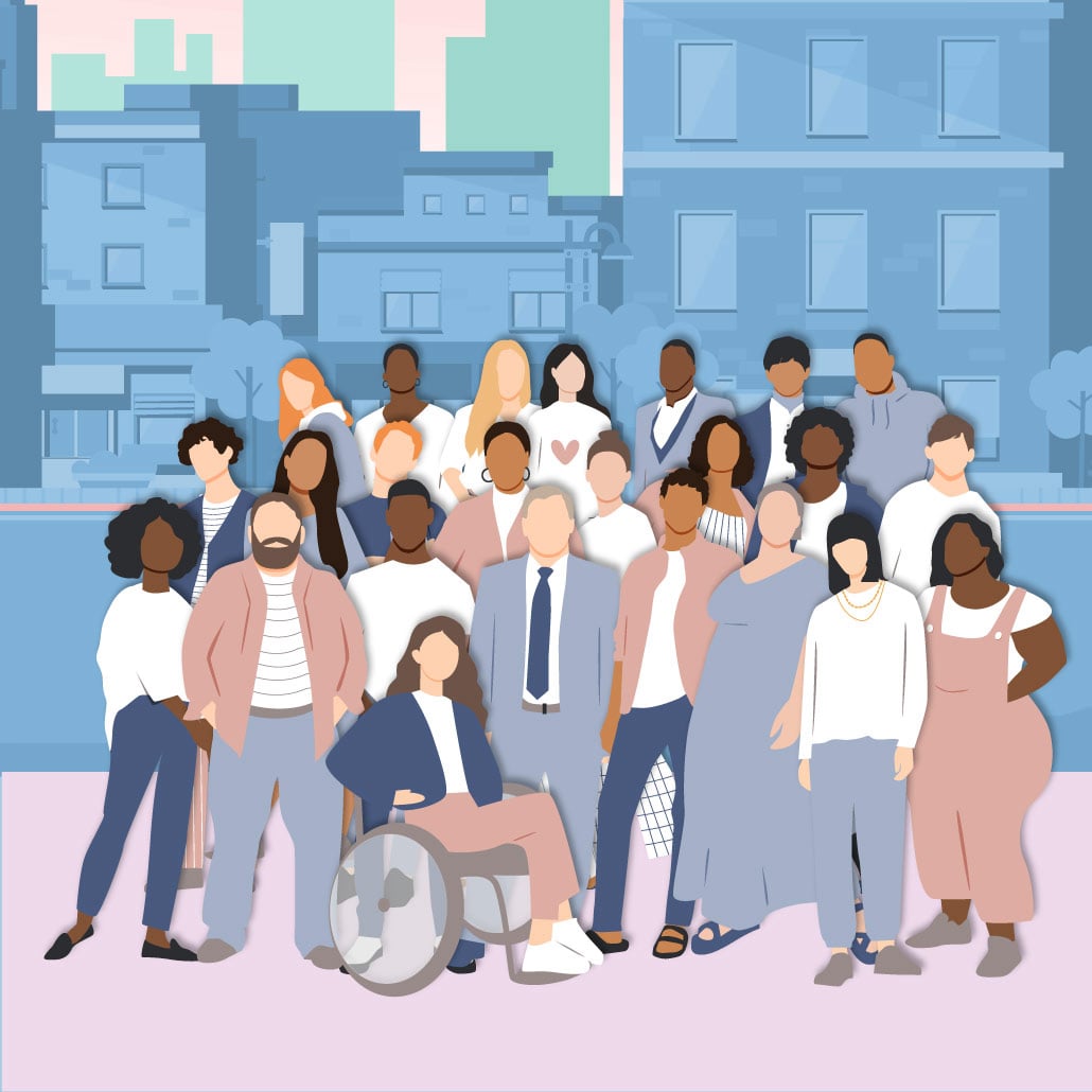 MFlat art graphic of diverese group of people standing in front of city background