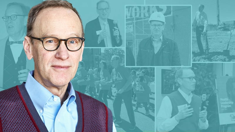 Bob Hughes portrait with collage background