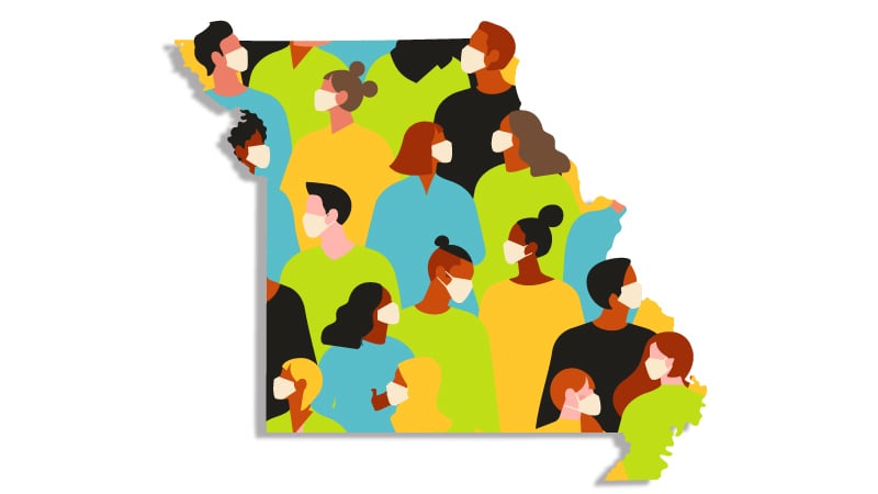 Illustration of state of Missouri with individuals wearing COVID masks
