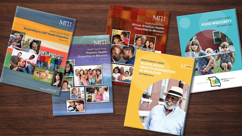 Mockup image of Health Equity series publications laying on a table