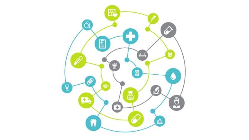 Graphic showing connected icons of Public Health Infrastructure
