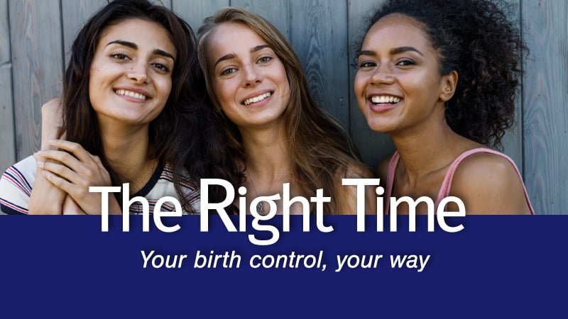 Three young smiling women huddled and looking at camera. Logo of The Right Time covers lower third of image
