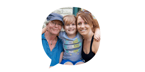 Speech bubble with image of child, mother, and grandmother, all smiling