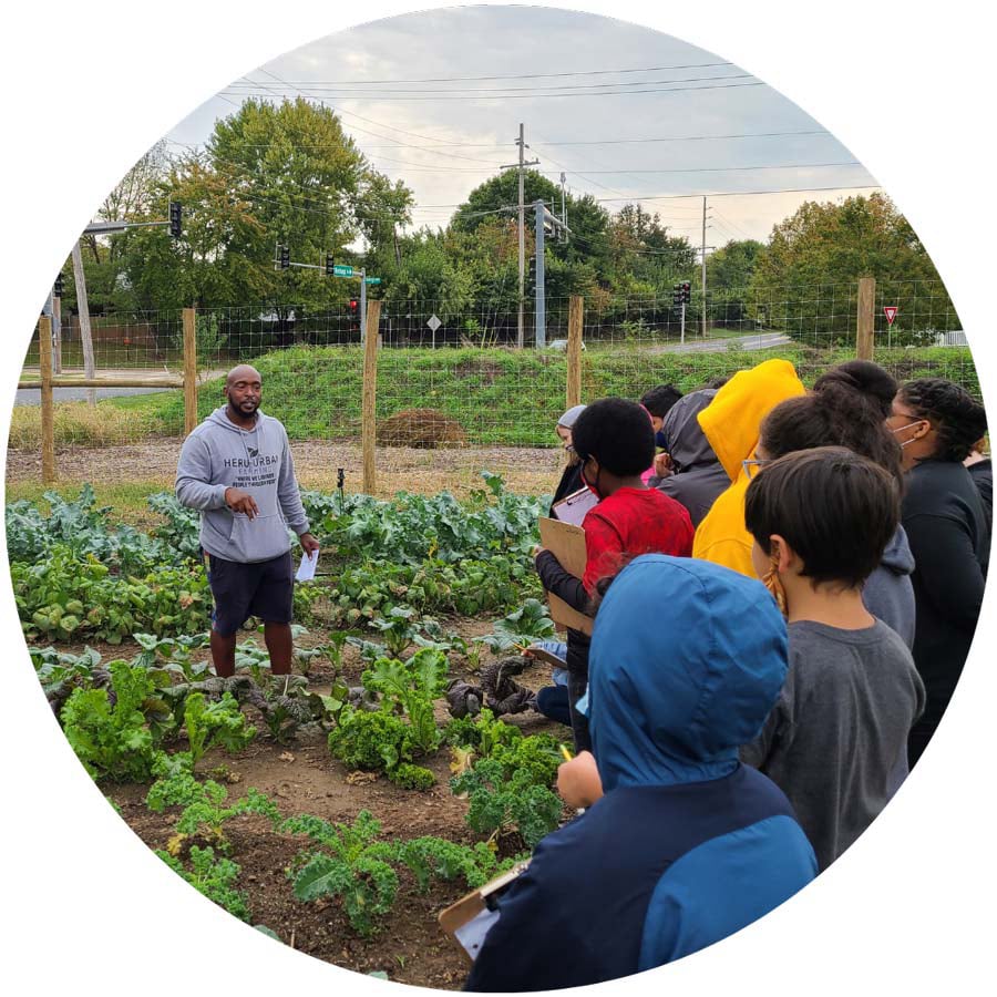 Heru standing in field of growing greens educating young farmers holding clipboards.