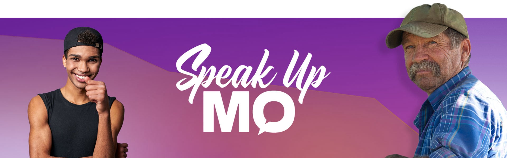 Speak Up MO logo centered over purple background with line graph element.., flanked by two people