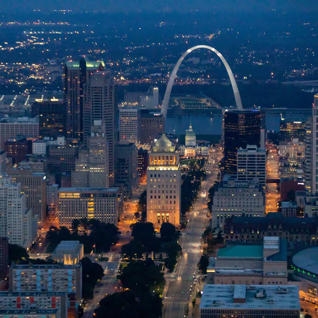 photo of downtown St. Louis at night from high angle