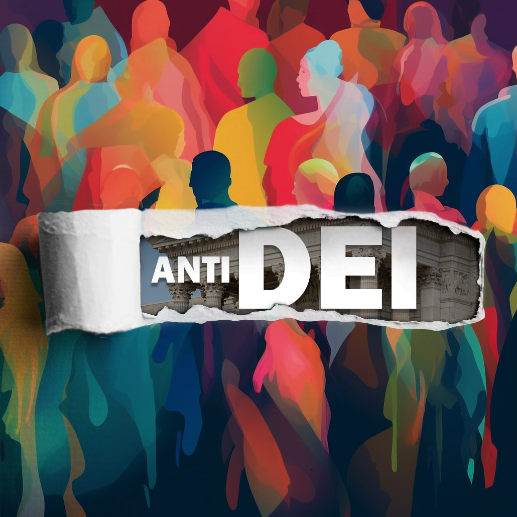Image of abstract, colorful group of people with a tear to reveal the words ANTI DEI