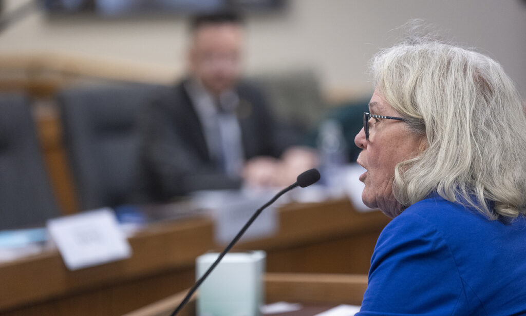 Mary Fox, the director of the Missouri State Public Defender system, speaks at the Missouri House budget meeting, on Thursday, February 13, 2025, in Jefferson City, Missouri. Photo by Jeff Tuttle