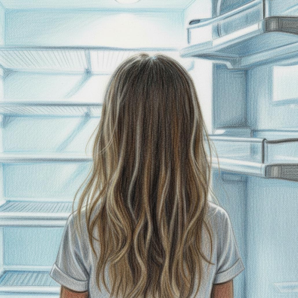 color pencil style image of young girl from behind as she looks into an empty refrigerator