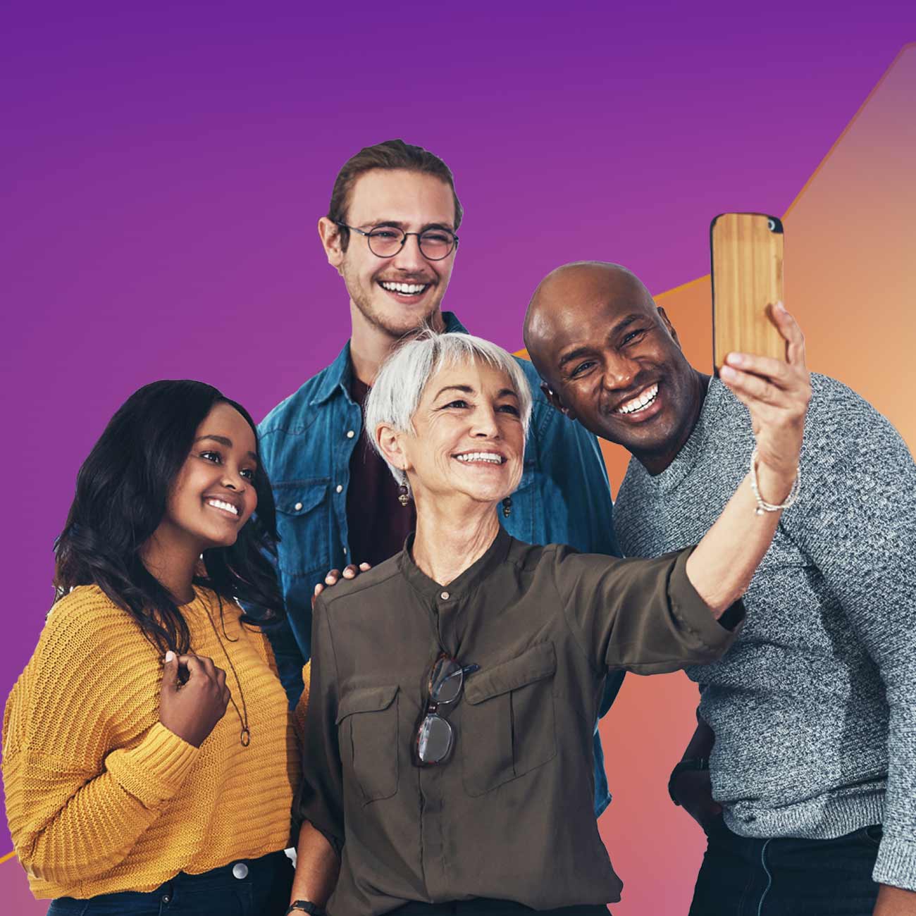 Group of diverse adults posing for selfie