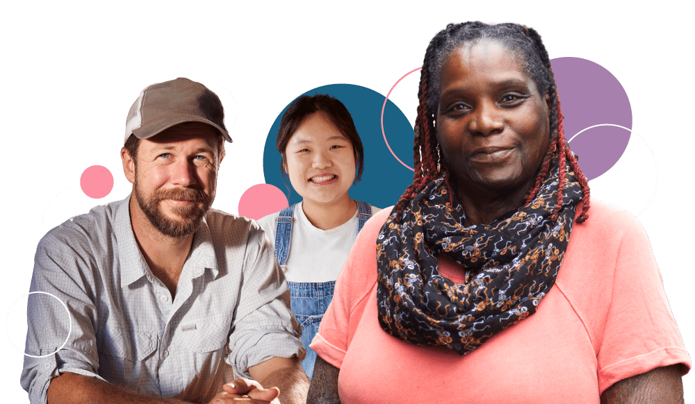 Image of three diverse Missourians int front of purple and blue gradient background with ornamental bubbles